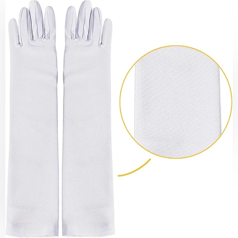 These long women's gloves, 20 inches in length, are made of stretchy satin